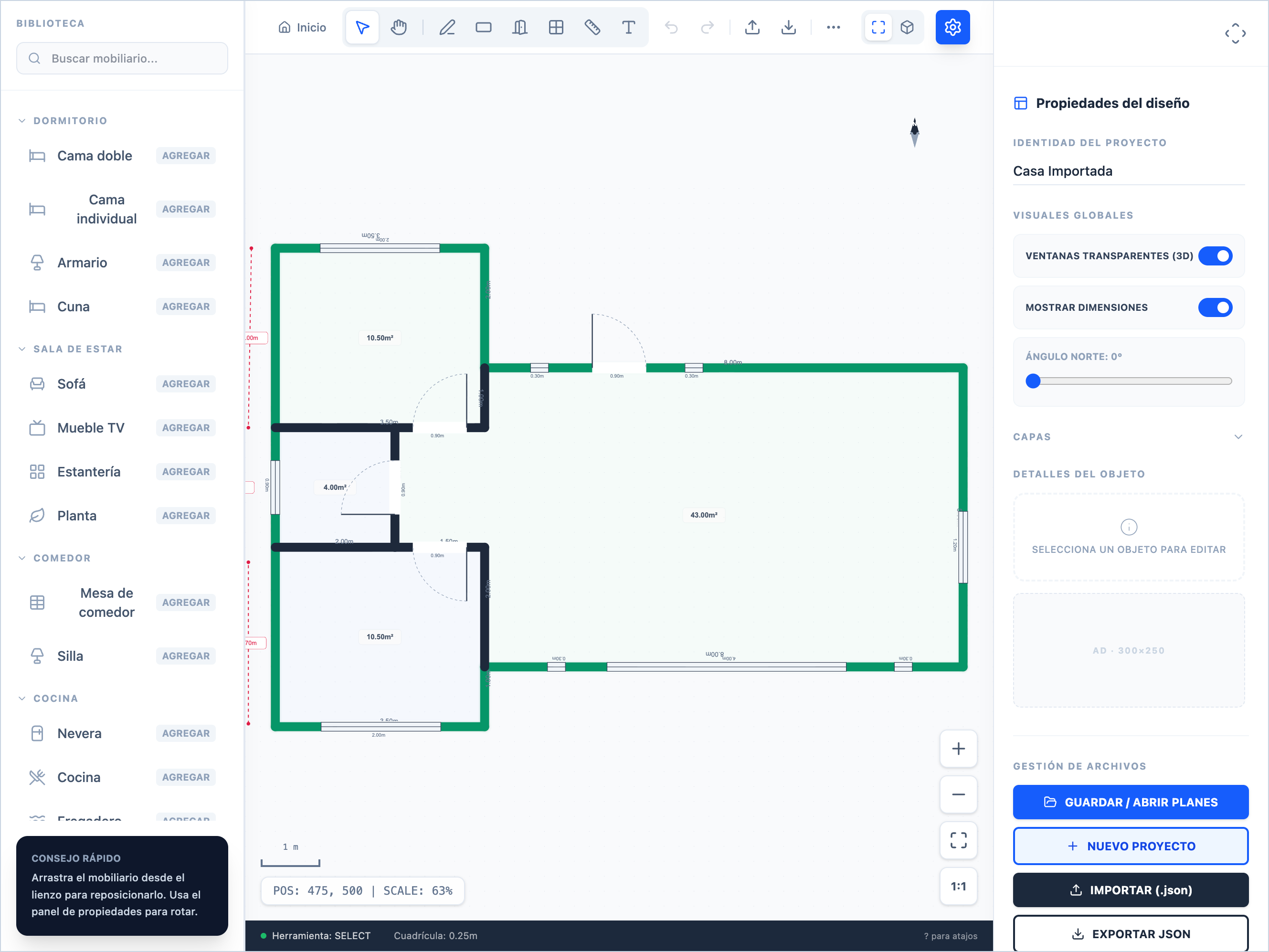Vista del editor ArqPlano en modo 2D con un plano en construcción